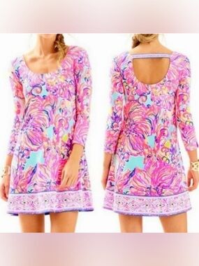 Lilly Pulitzer Pink & Blue Floral Scoop-Back Three-Quarter Sleeve Shift Dress